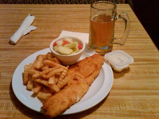 Fried Haddock, Fries and Cucumber Salad