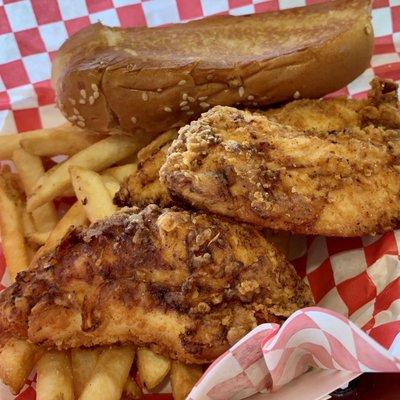 Chicken tenders, fries and Texas toast.