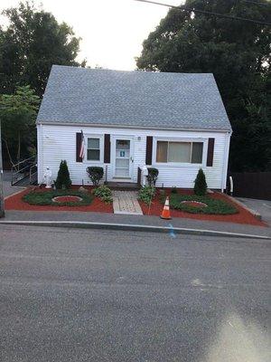 cleaning in front of the house, applying malt and pruning the trees