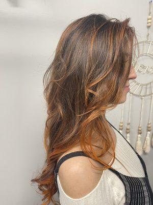 Copper highlights, gloss, cut and style.