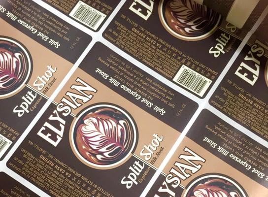 Flexographic press run for Elysian Brewing Company's Split Shot Espresso Milk Stout on December 5, 2014