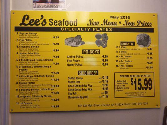 Lee's Seafood menu.