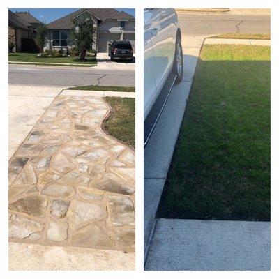 Flagstone driveway extension before and after. Home to street view.