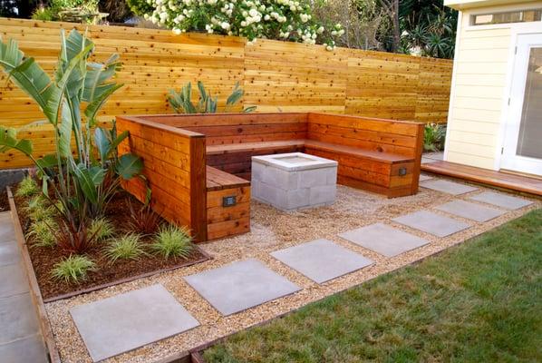 bench, firepit, and concrete path