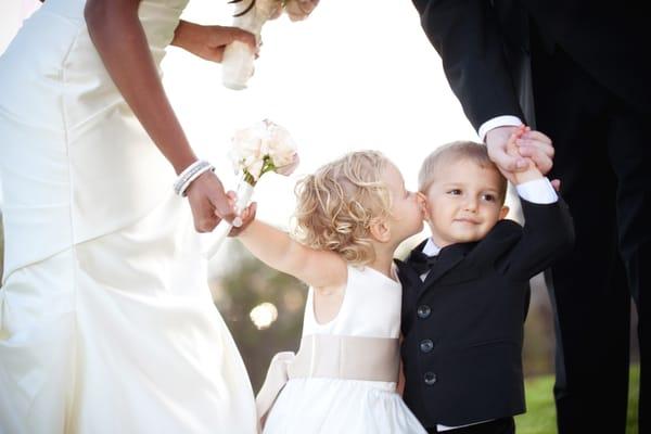 Malibu, CA, Los Angeles Wedding Photography, Flower Girl kissing ring bearer