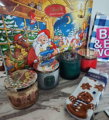 This is what we bought today at Bath & Body Works. The adorable gingerbread man socks were complimentary from the saleslady!