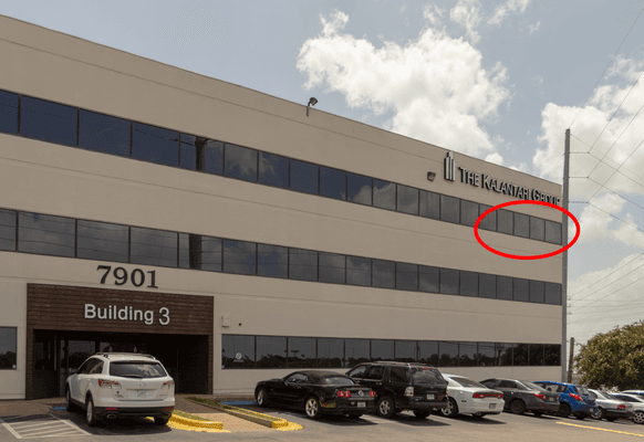 Red circle shows our office windows in the Cameron Center, Building 3, Floor 3.