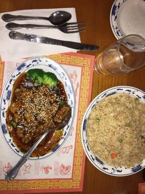 Sesame chicken and a side of fried rice