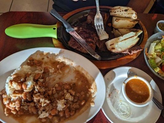 Steak potatoes, beans and rice