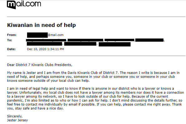 Email I sent, soon after I received a jury summons & finding out my mom lost her job.