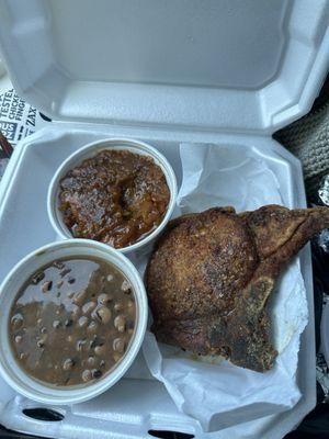 Pork chops w/ black eyed peas & candied yams