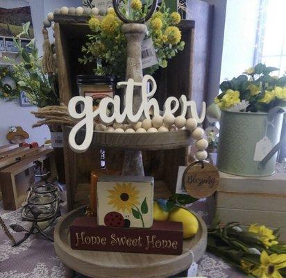 Weather tiered tray with lemony accents and gather signn