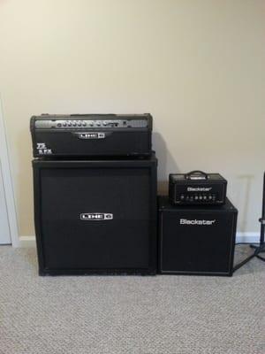 Guitar lessons feature a Line 6 half stack, and an Blackstar tube amplifier.