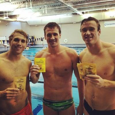 Ryan Lochte, CJ Fiala and Tim Phillips representing Team USA fuel up with Fusion Jerky during practice!