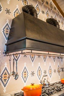 Custom Blackened Steel with Bullnose Trims and Pot Rail. As seen in HGTV Magazine