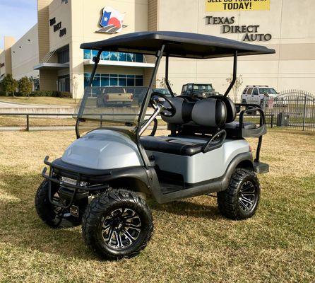 Custom Built Gas Golf Cart.  Silver & Black with Purple LED underbody lights.