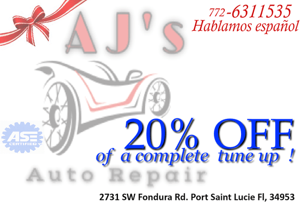 20% OFF of a complete tuneup ! We'll be offering this promotion during the holidays. 
Valid until 12/30/2014.