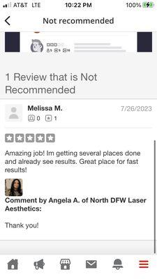 A patient left a 5-Star review and Yelp took it off so the public cannot see it.