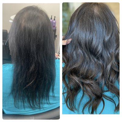 Before and after of keratin tip extensions to add fullness