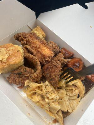 Fried Fish  Mac with yams & cornbread.