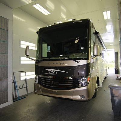 North Trail RV Collision Center 64' Paint Booth in Fort Myers, Florida.