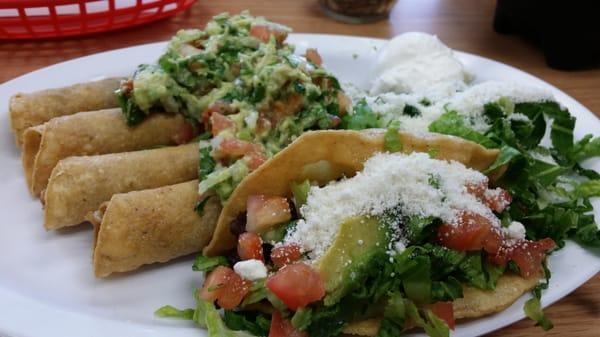 beef taco dorado and chicken flautas