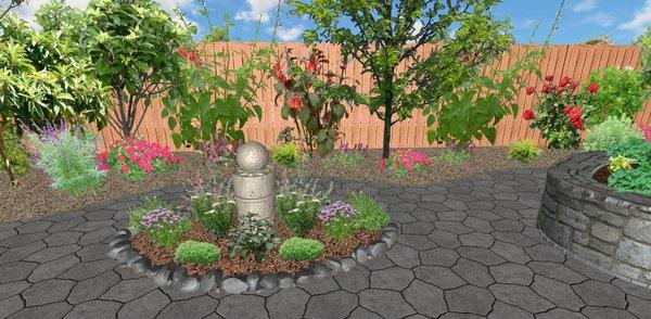 3D Perspective Design Rendering bubbling fountain and drought tolerant screening plants