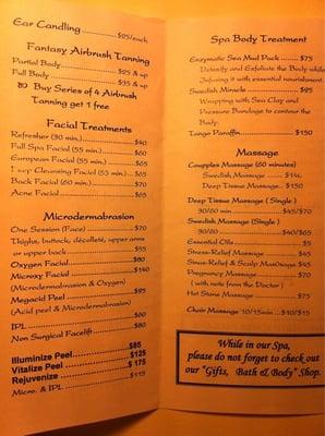 Menu of services with prices