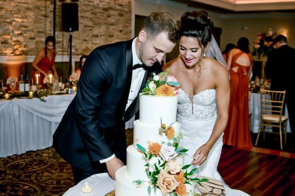 Newly weds cutting the cake