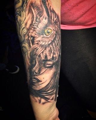 Owl female face tattoo