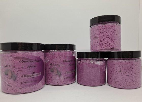 Foaming Sugar Scrubs, available in 5 Scent combinations,  Scented with Essential Oils or Organic Fragrance oils.