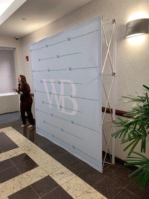 8 foot square backdrop.  Great for photos at trade shows, conventions or parties