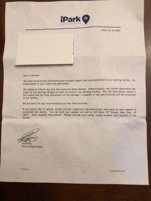 Letter from company claiming no fault.