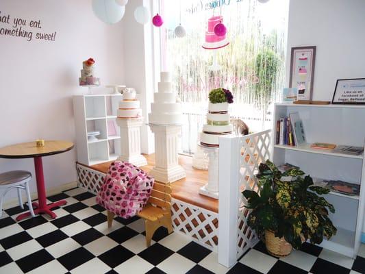 Cute sitting area in the display window for kids!