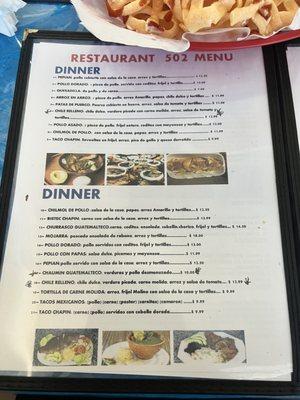 Spanish menu