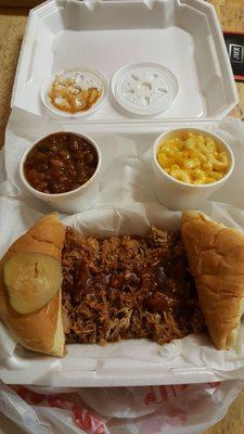 BBQ Pork platter (large) with beans and mac.