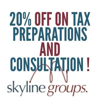 Special offer of 20% off for all clients starts today on Tax Preparations and Consultation!