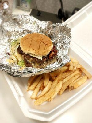 Bacon cheese burger and fries