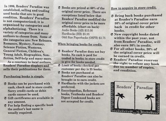 This is the back side of their pamphlet explaining how buying and trading books at their store works.