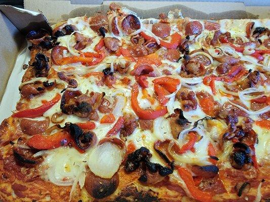 Half (9", 8 slice) Cheese, Pepperoni, Bacon, Sweet Pepper, Onion Pizza - So much mozzarella cheese!!