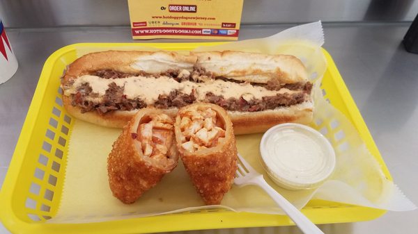 Chipotle cheesesteak and their new homemade buffalo chicken eggrolls. Excellent lunch!