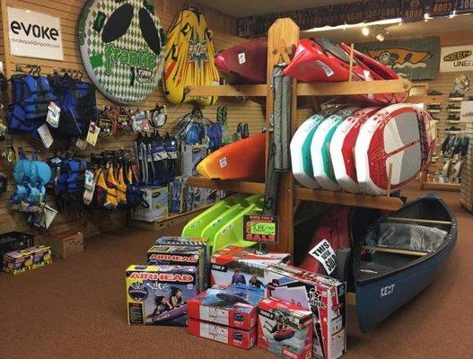 Summer Gear includes: kayaks, stand up paddleboards, canoes, tubes, kneeboards, life jackets, & other water toys