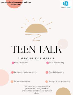 Teen Talk Group coming soon! Contact us if you are interested in being added to our email list for updates!