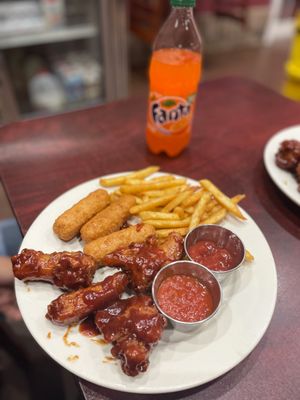 BBQ Wings, French Fries, and Mozzarella Sticks