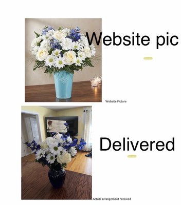 Photo of what was advertised on the website and actual arrangement that was delivered.