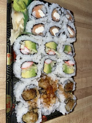 Philadelphia roll, California roll and shrimp tempura roll