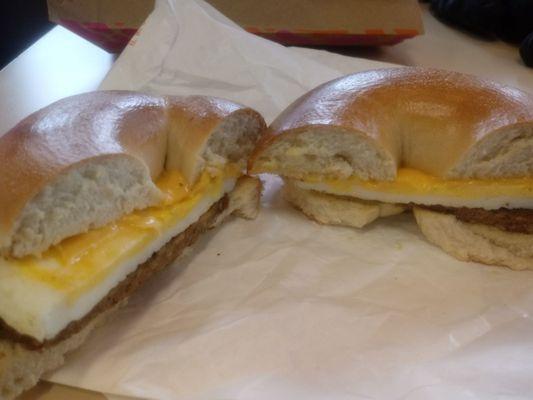 Turkey sausage egg and cheese on a plain bagel