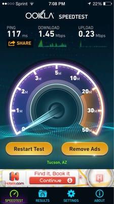 Here's an example of the 1.4 Mbps you can expect.  I can almost hear the Dial up screeching sound.