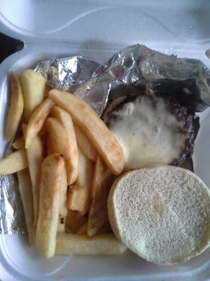 Cheesey burger and fries.