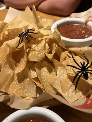 Chips and salsa with Halloween spiders